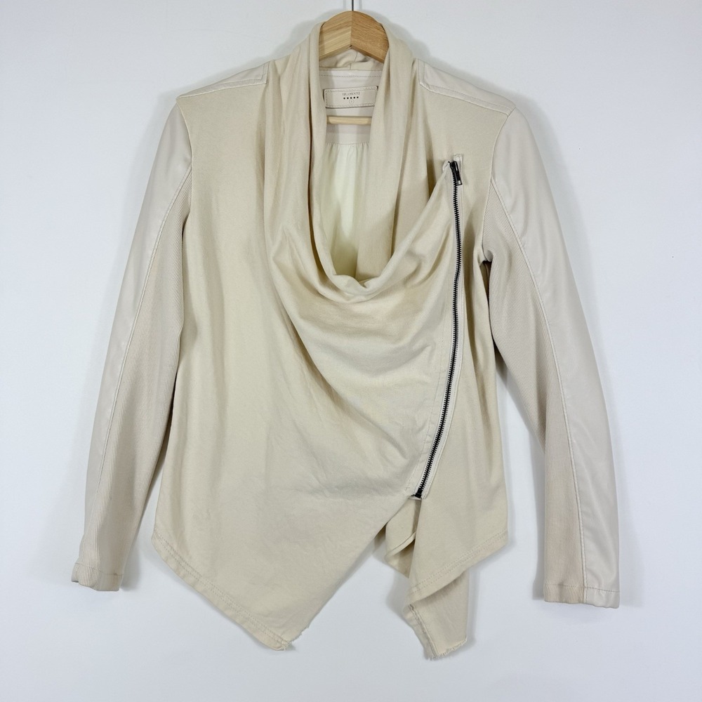 Blank NYC Jacket Womens Small Beige Moto‎ Boho Hybrid Draped Cowl Asymmetrical
